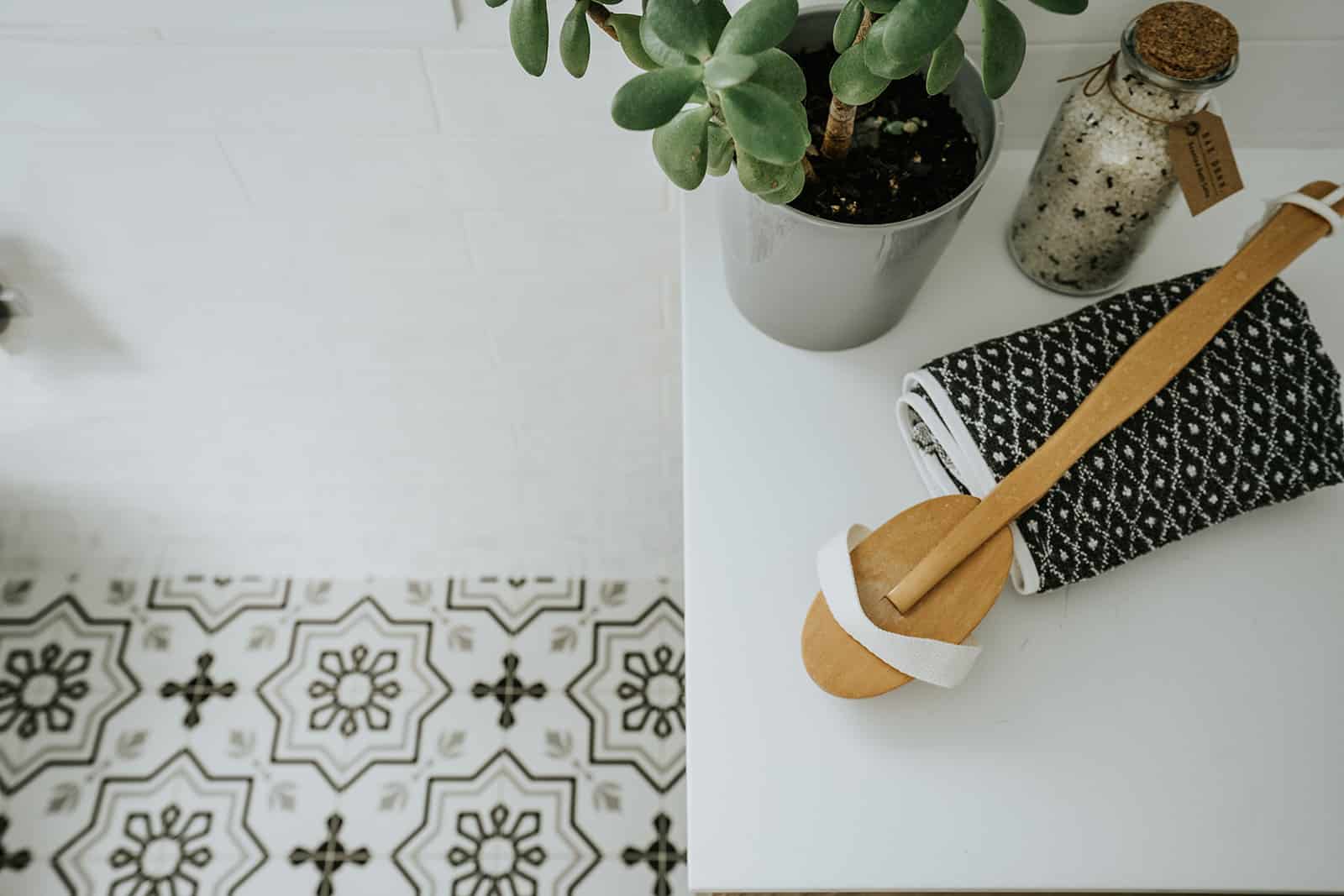 Washing brush and plant on top of a white vanity, and encaustic floor tiles